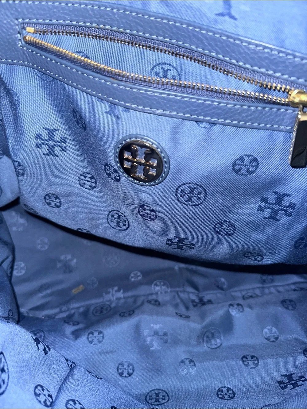 Tory Burch Chevron Color-Block Tote Blue Suede Pebbled Leather